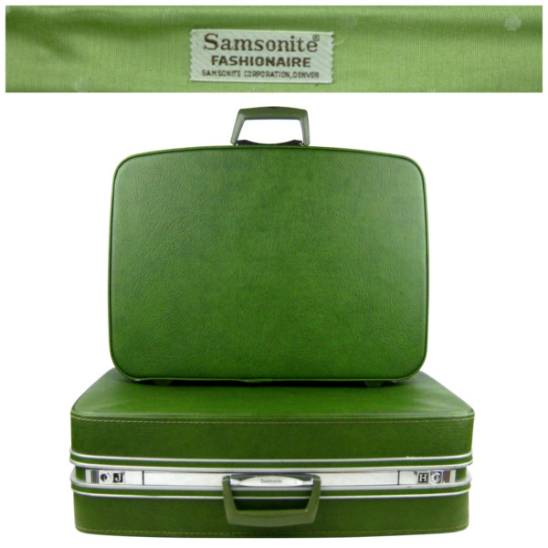 1960s Samsonite Fashionaire Two Piece Avocado Green Suitcase Luggage Set